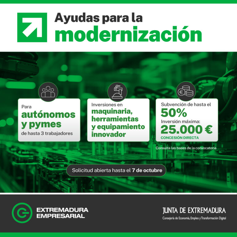 La Junta de Extremadura abre la convocatoria de las ayudas a la modernización para empresas y autónomos