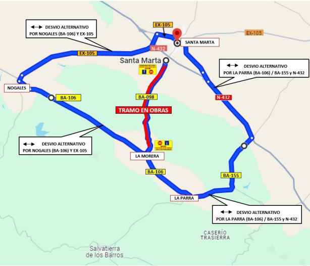 Se mantiene el corte de tráfico en la Carretera Provincial BA-098, de La Morera a Santa Marta