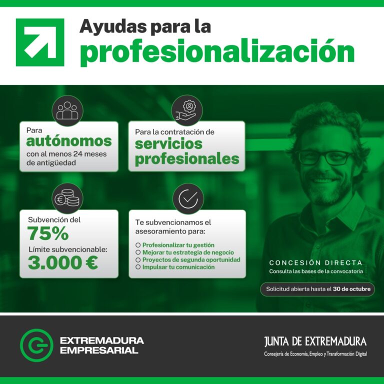 La Junta de Extremadura abre la convocatoria de las ayudas para la profesionalización de autónomos con tres millones de presupuesto