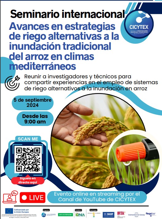 CICYTEX organiza un seminario online sobre alternativas al riego por inundación en el cultivo del arroz, aplicadas en España, Italia y Chile