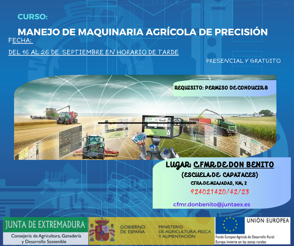 El CFMR de Don Benito imparte desde el próximo lunes un curso de manejo de maquinaria agrícola de precisión