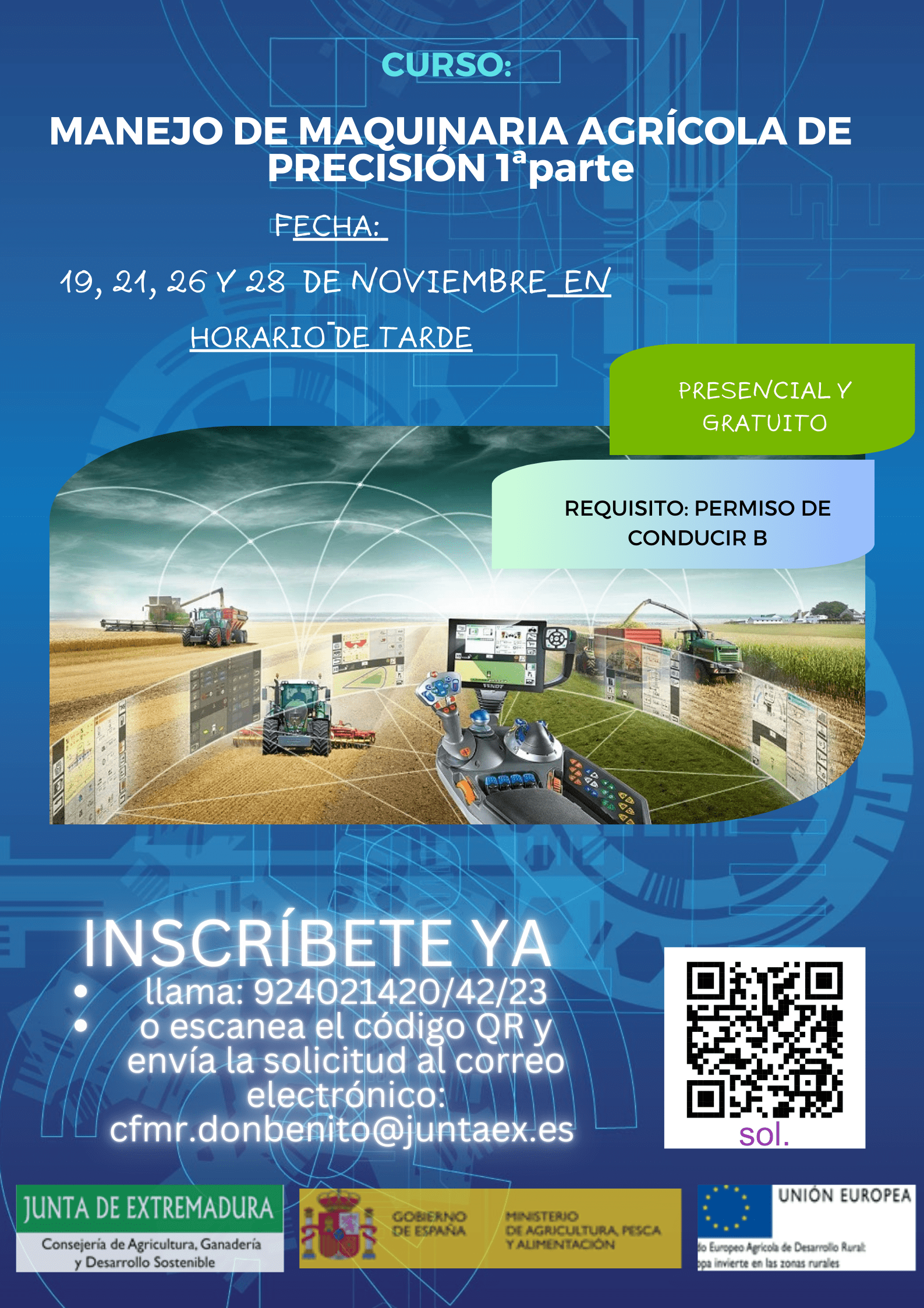 El Centro de Formación del Medio Rural de Don Benito oferta un curso de Manejo de maquinaria agrícola de precisión que comienza el 19 de noviembre