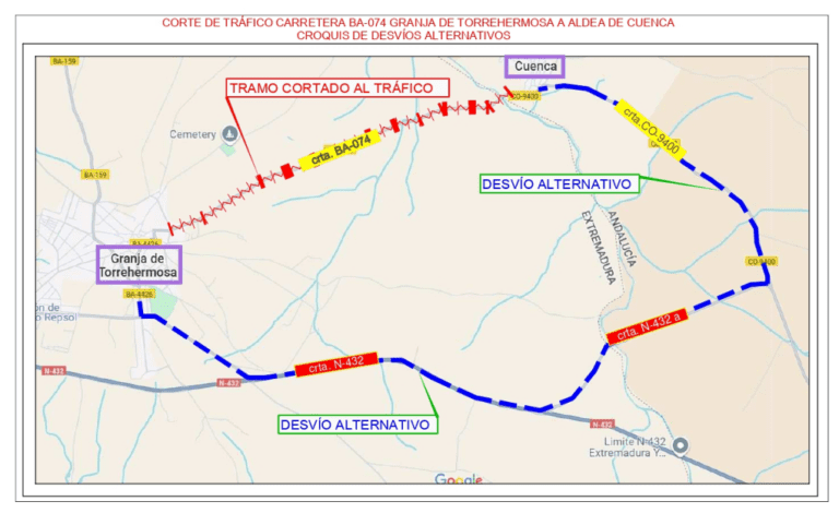 Corte de tráfico en la Carretera Provincial BA-074, de Granja de Torrehermosa a la aldea de Cuenca (Córdoba)