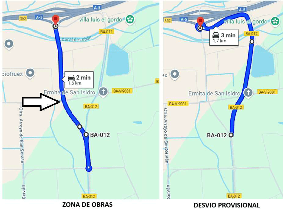 Corte de la vía BA-012 y desvío del tráfico por la antigua carretera