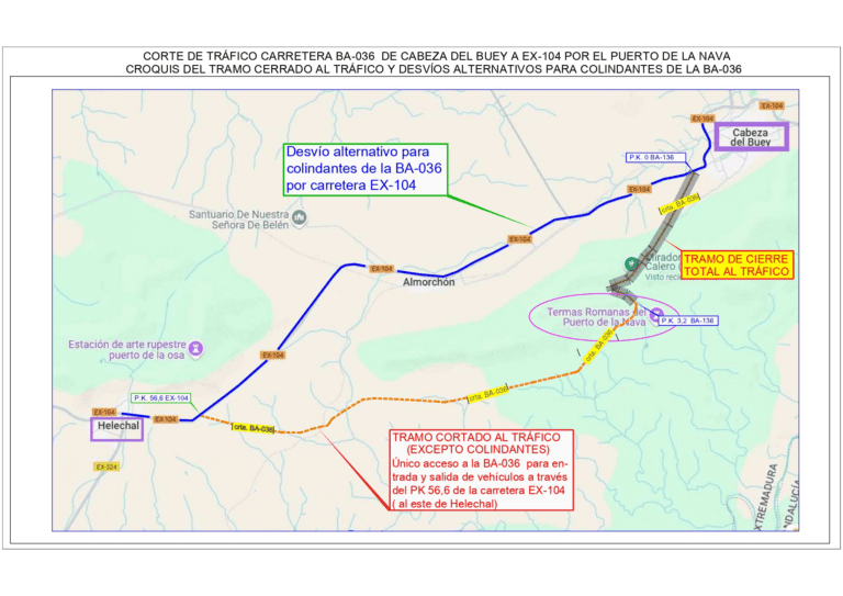 Corte de tráfico en la Carretera Provincial BA-036 (Cabeza del Buey a EX-104)