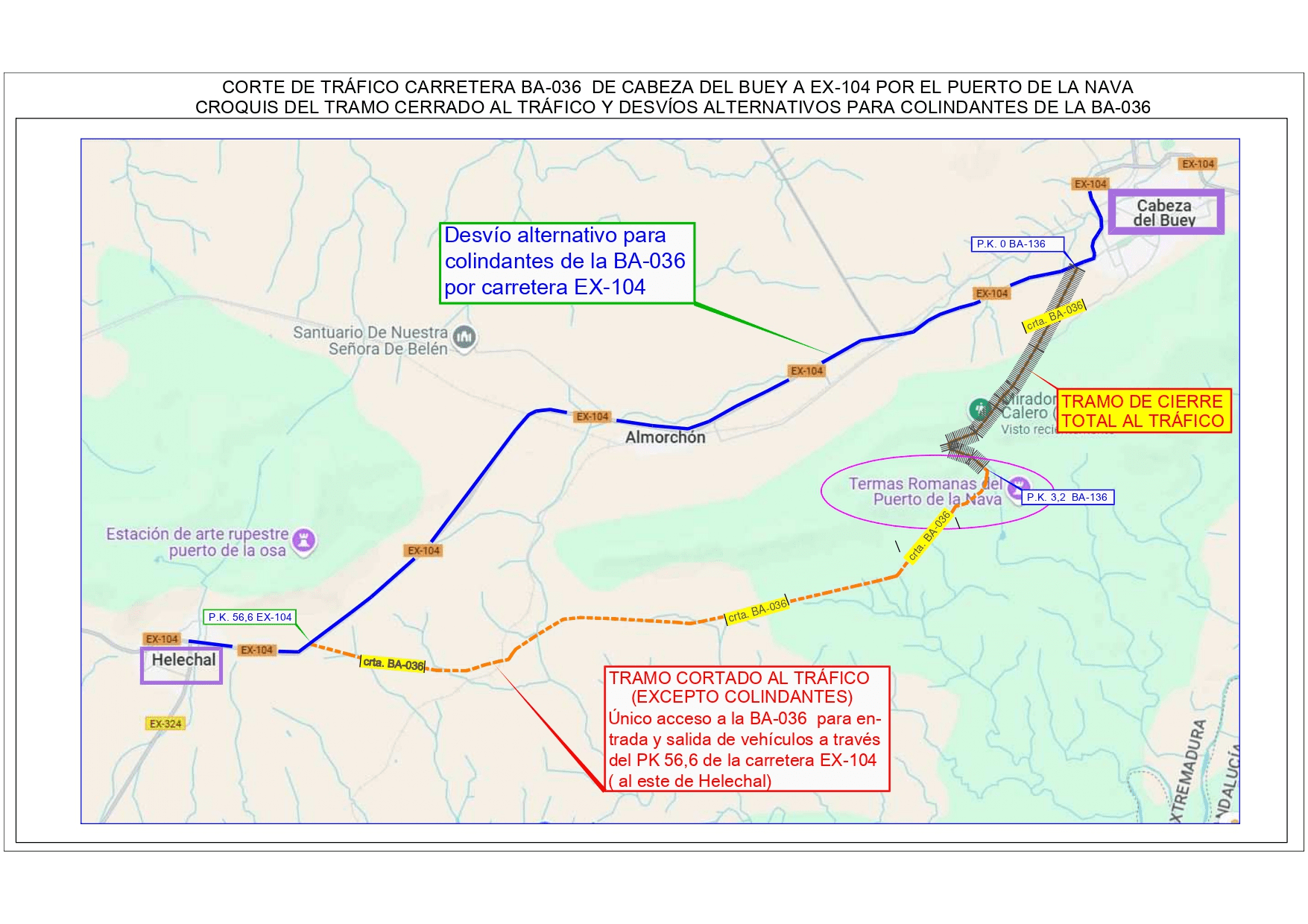 Corte de tráfico en la Carretera Provincial BA-036 (Cabeza del Buey a EX-104)