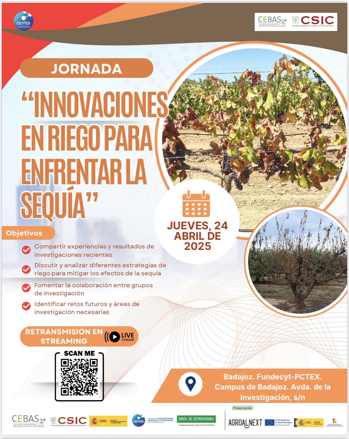 CICYTEX y CEBAS-CSIC organizan una jornada sobre ‘Innovaciones en riego para enfrentar la sequía’ en Badajoz