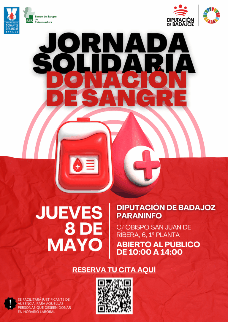 La Diputación de Badajoz junto a la Hermandad de Donantes y el Banco de Sangre organizan una jornada de donación para el próximo jueves, día 8 de mayo