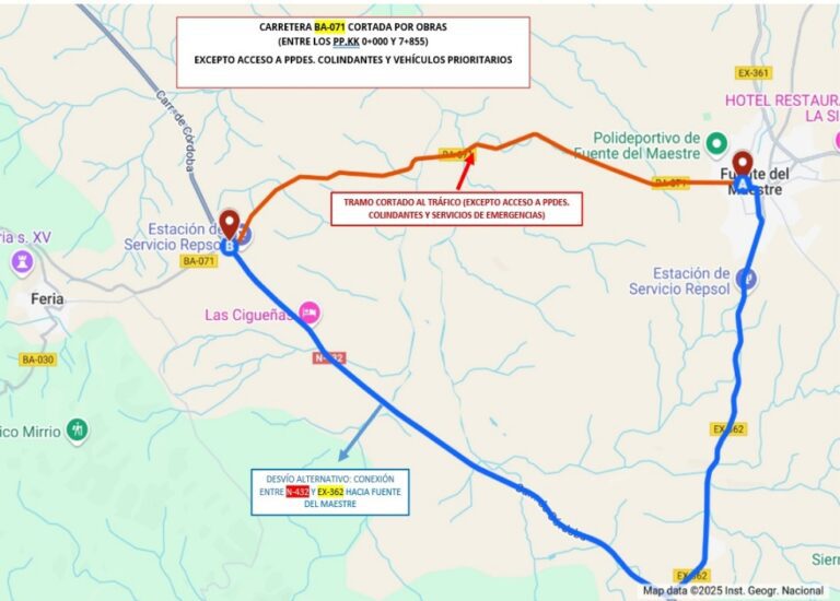 Ampliación de plazo de corte al tráfico de la Carretera Provincial BA-071, Fuente del Maestre a Feria