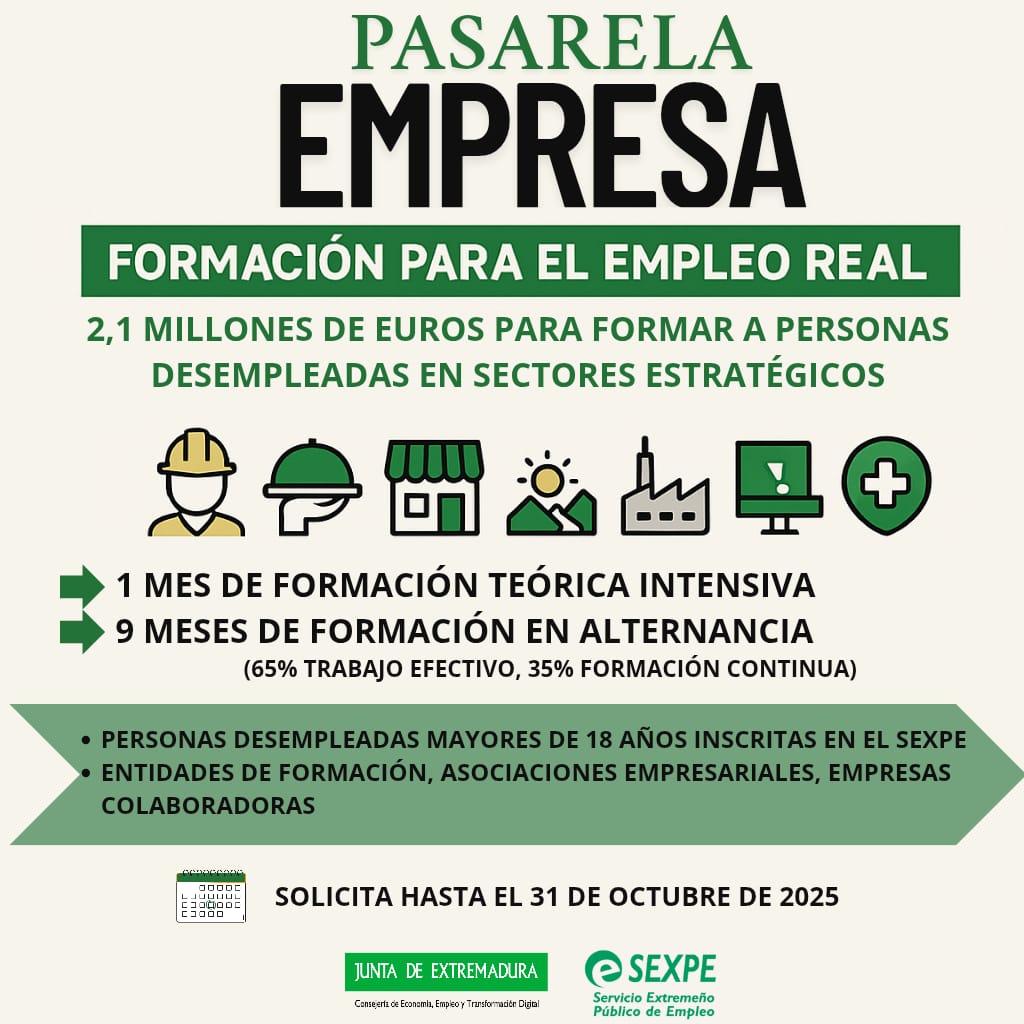 La Junta lanza el Programa ‘Pasarela Empresa’ con una inversión de 2,1 millones de euros para formar a desempleados en sectores estratégicos