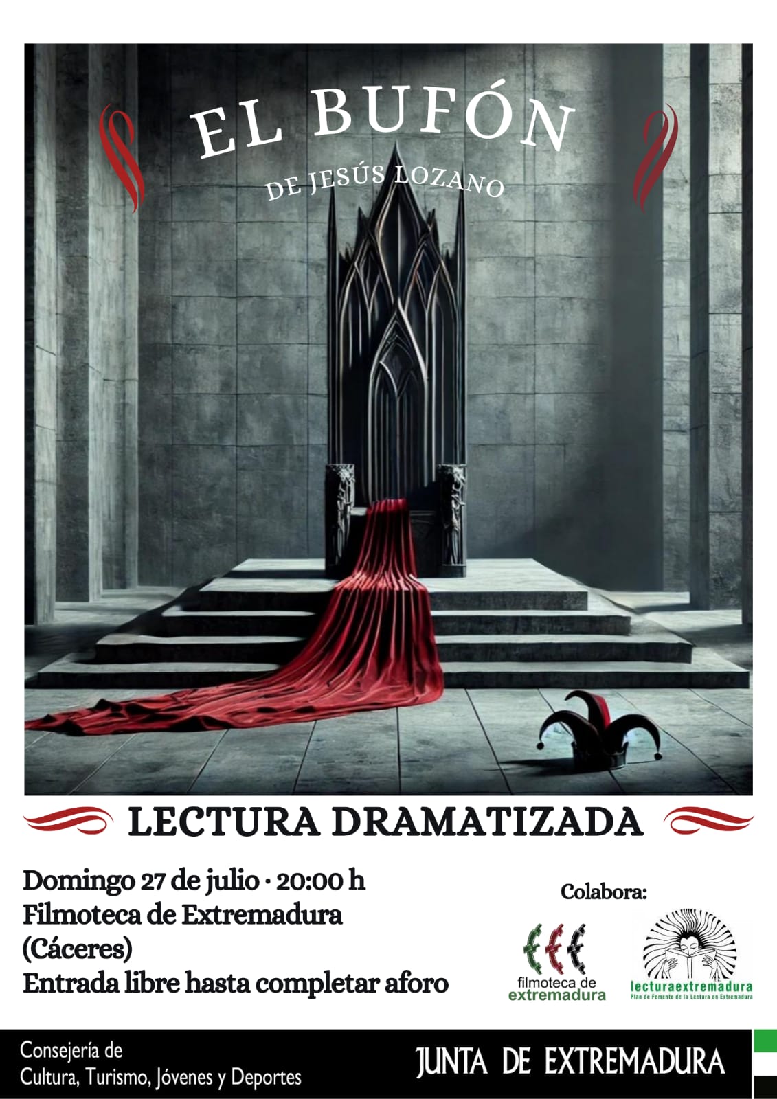 El Plan de Fomento de la Lectura realizará una lectura dramatizada de ‘El bufón’ en la Filmoteca de Extremadura
