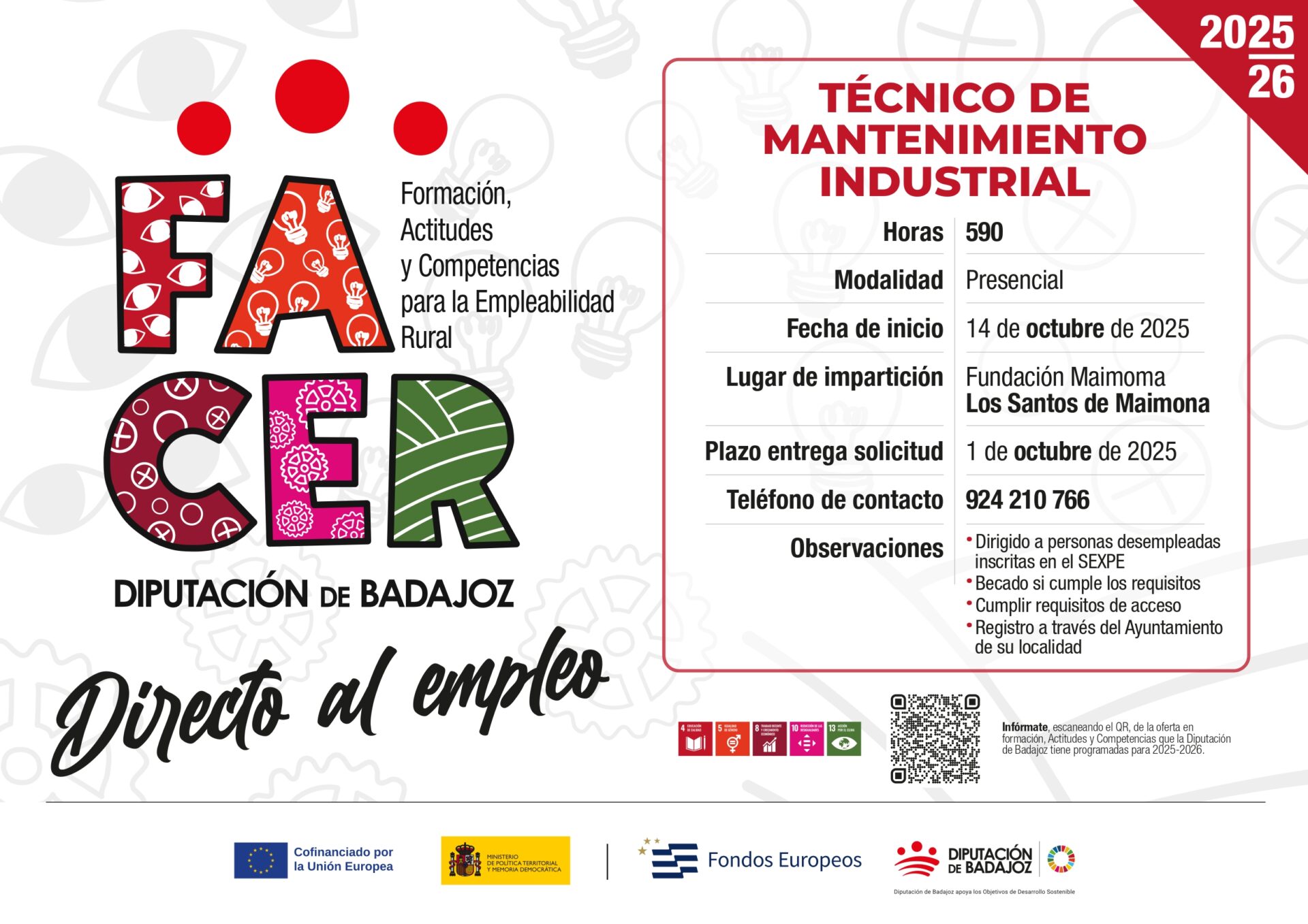 La Diputación de Badajoz abre el plazo de inscripción del curso de Técnico de Mantenimiento Industrial dentro del Proyecto FACER