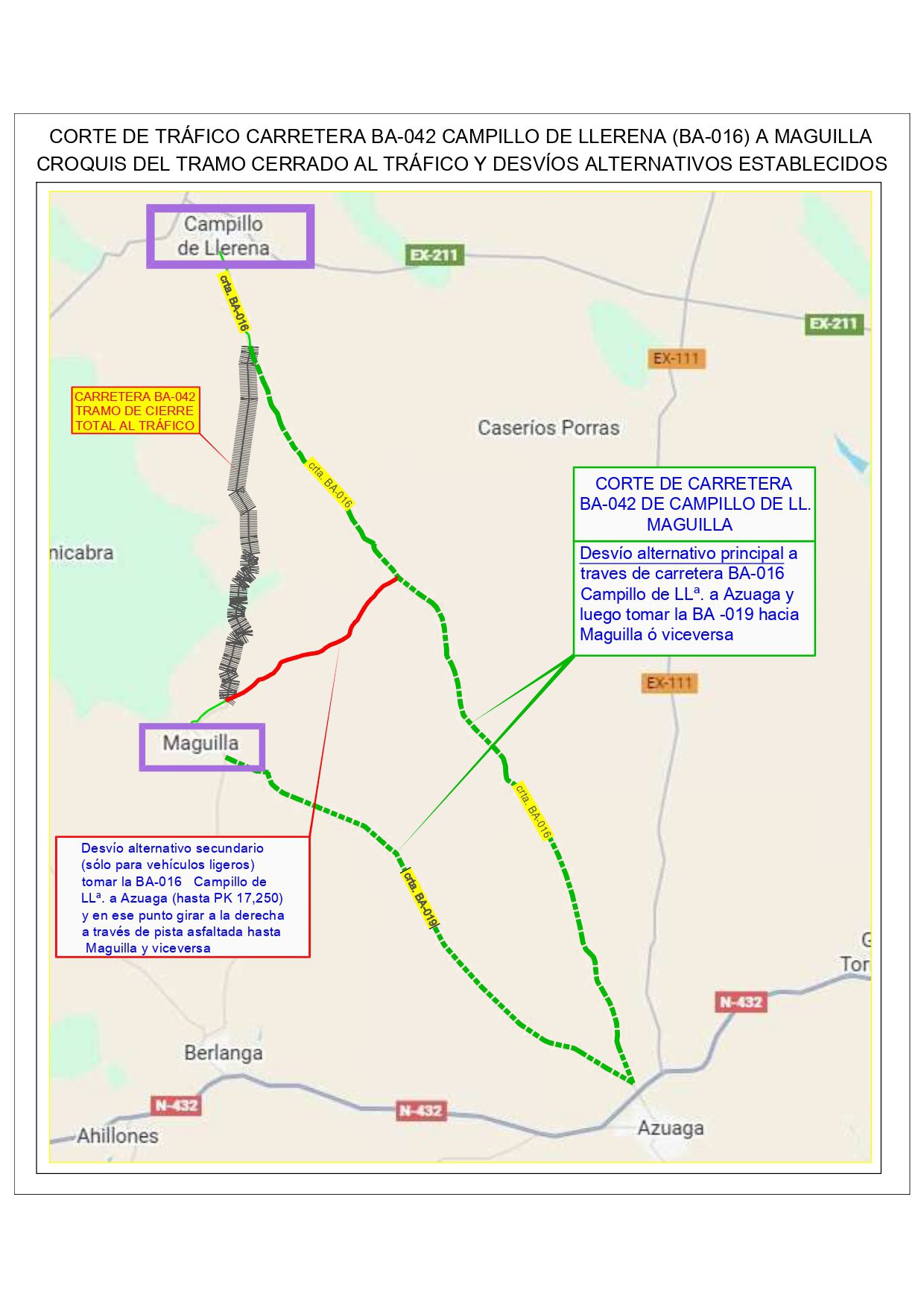 Corte de tráfico en la carretera BA-042, de Campillo de Llerena (BA-016) a Maguilla por trabajos de mejora