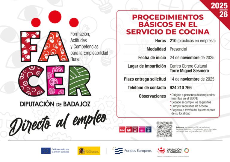 La Diputación de Badajoz abre el plazo de inscripción para el curso de “Procedimiento básicos en el servicio de cocina”, dentro del Proyecto FACER