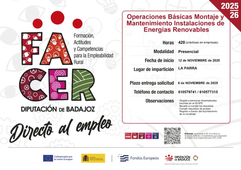 La Diputación de Badajoz impulsa el empleo verde con una formación gratuita en energías renovables dentro del Proyecto FACER