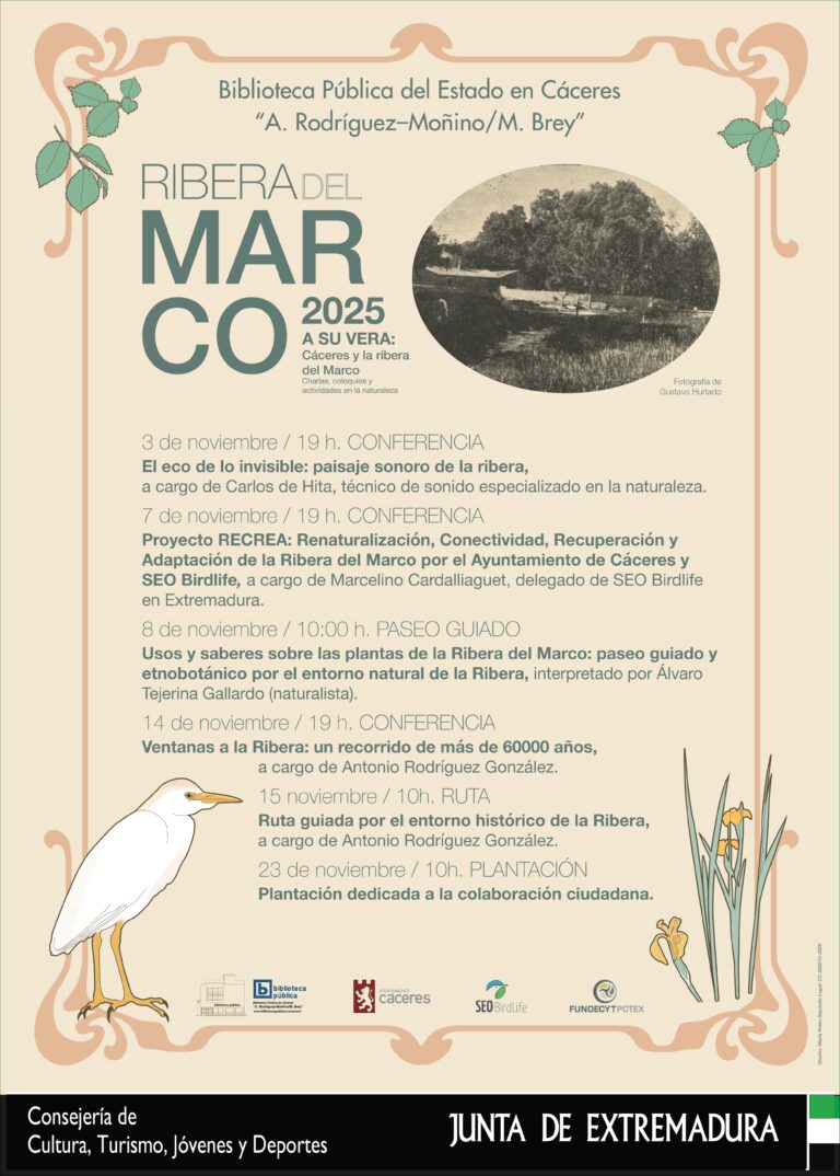 La Biblioteca Pública de Cáceres organiza el V Encuentro ‘A su Vera: Cáceres y la Ribera del Marco’, un programa que invita a redescubrir el paisaje natural y cultural de la ciudad
