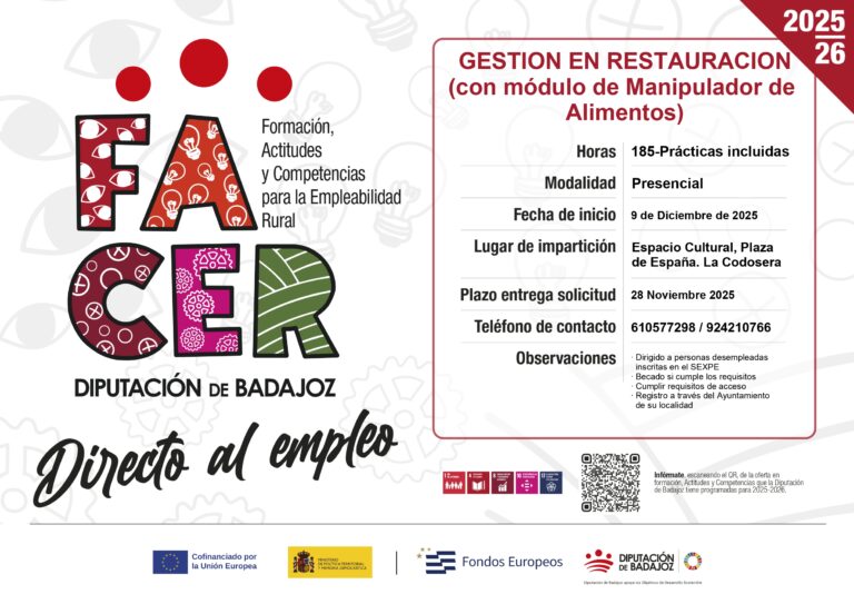 La Diputación de Badajoz abre el plazo de inscripción para el curso de “Gestión de Restauración”, dentro del Proyecto FACER