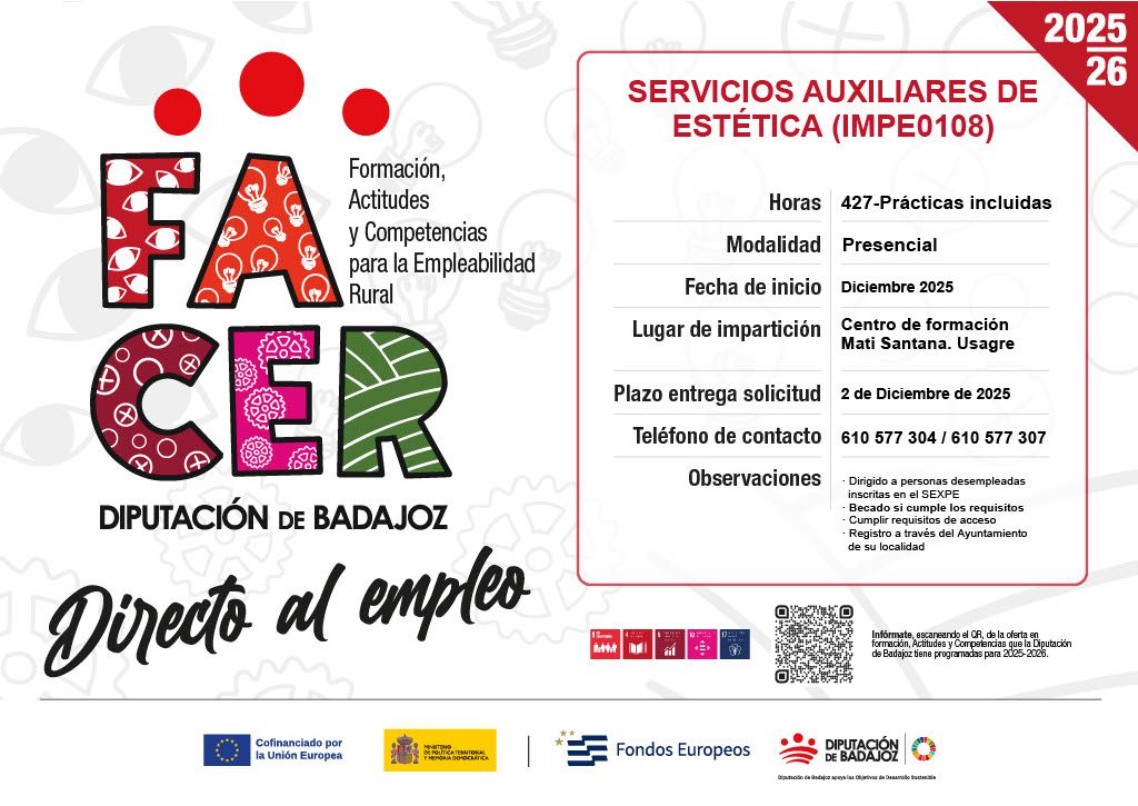 La Diputación de Badajoz abre el plazo de inscripción para el curso “Servicios Auxiliares de Estética”, dentro del Proyecto FACER