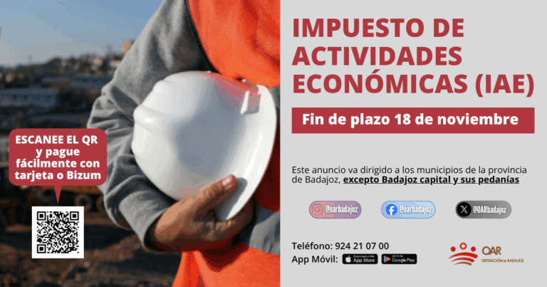 El 18 de noviembre finaliza el plazo para el pago del Impuesto sobre Actividades Económicas en la provincia de Badajoz