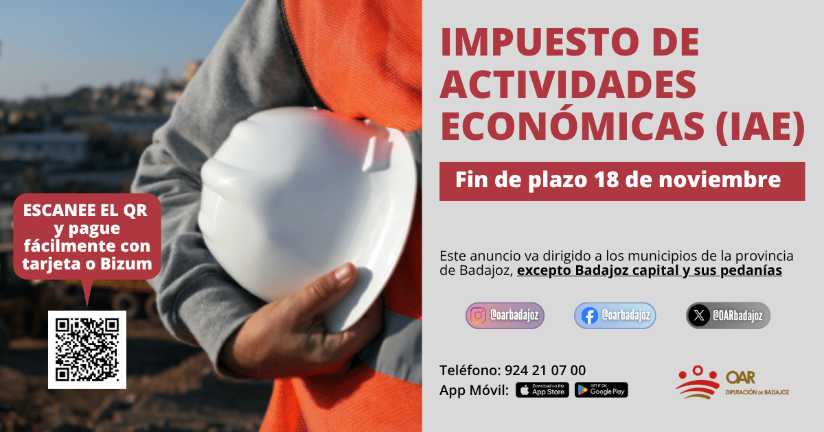 El 18 de noviembre finaliza el plazo para el pago del Impuesto sobre Actividades Económicas en la provincia de Badajoz
