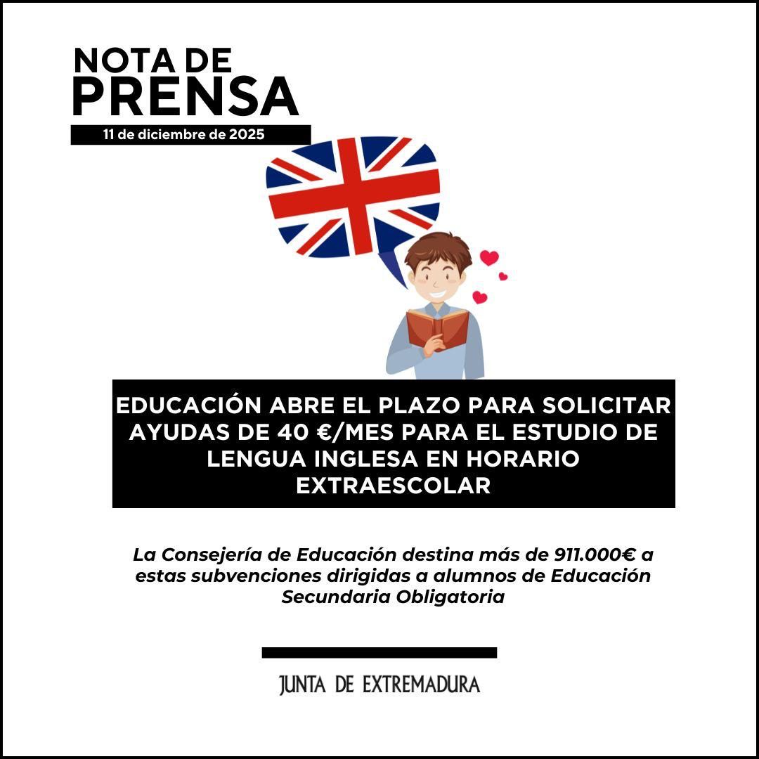 Abierto el plazo de solicitud de las ayudas de 40 euros al estudio de inglés en horario extraescolar para el alumnado de ESO