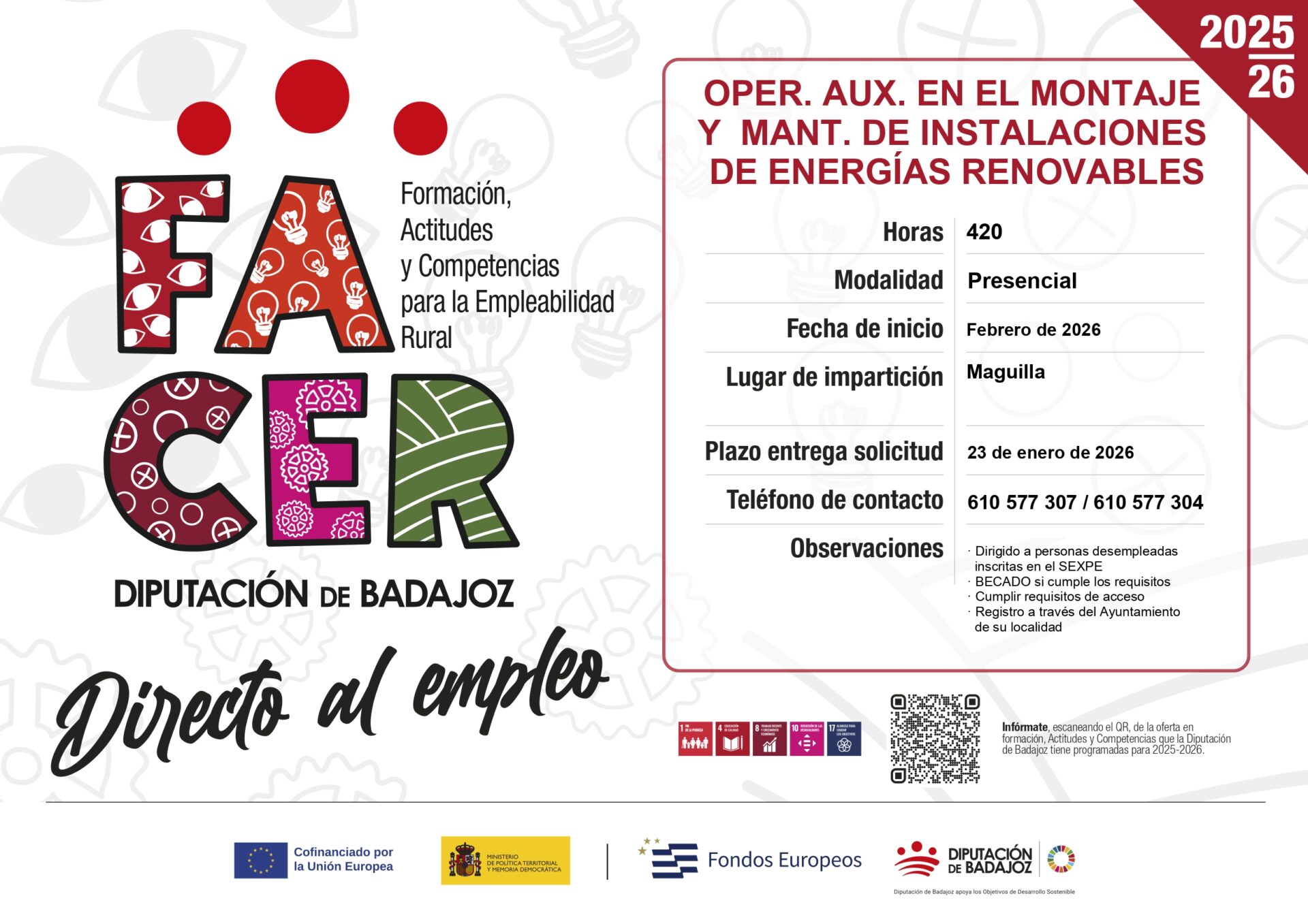 La Diputación de Badajoz impulsa la formación en energías renovables en el medio rural con una acción del Proyecto FACER en Maguilla