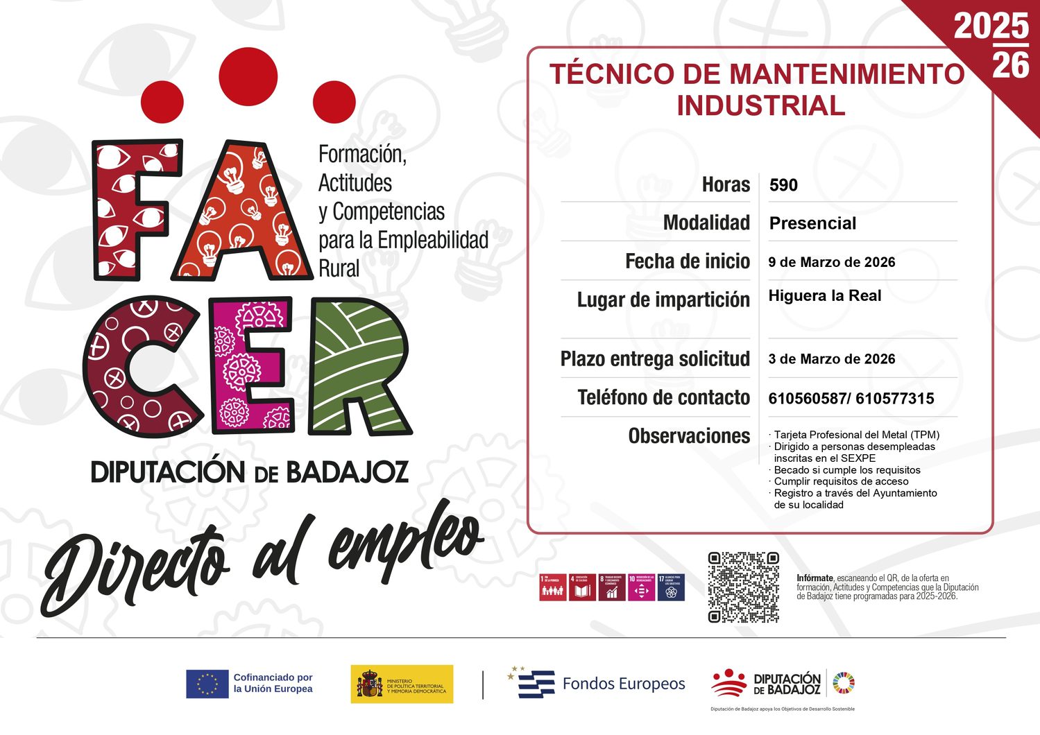 La Diputación de Badajoz pone en marcha un curso de técnico de mantenimiento industrial en Higuera la Real