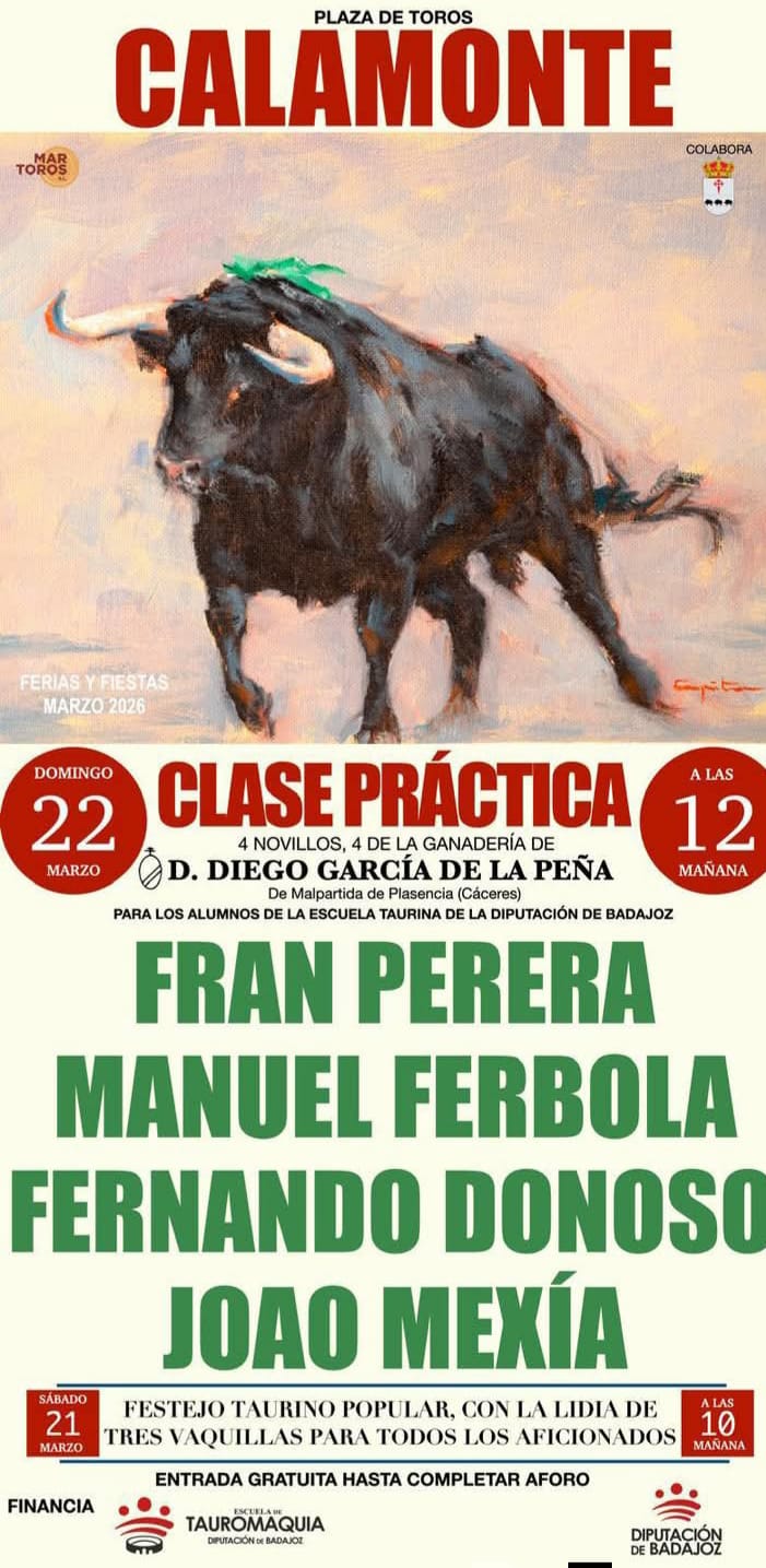 Alumnos de la Escuela Taurina de la Diputación de Badajoz participarán en una novillada en las Fiestas de San José de Calamonte