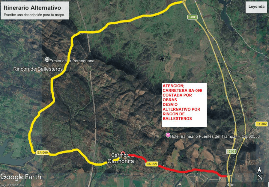 Corte de tráfico en la C.P. BA-099, desde La Nava de Santiago al límite provincial con Cáceres por Carmonita