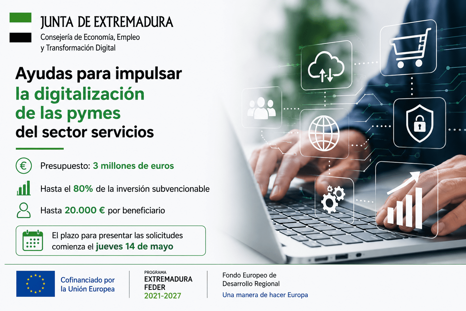 La Junta de Extremadura destina tres millones de euros a una nueva convocatoria de ayudas para impulsar la digitalización de las pymes del sector servicios
