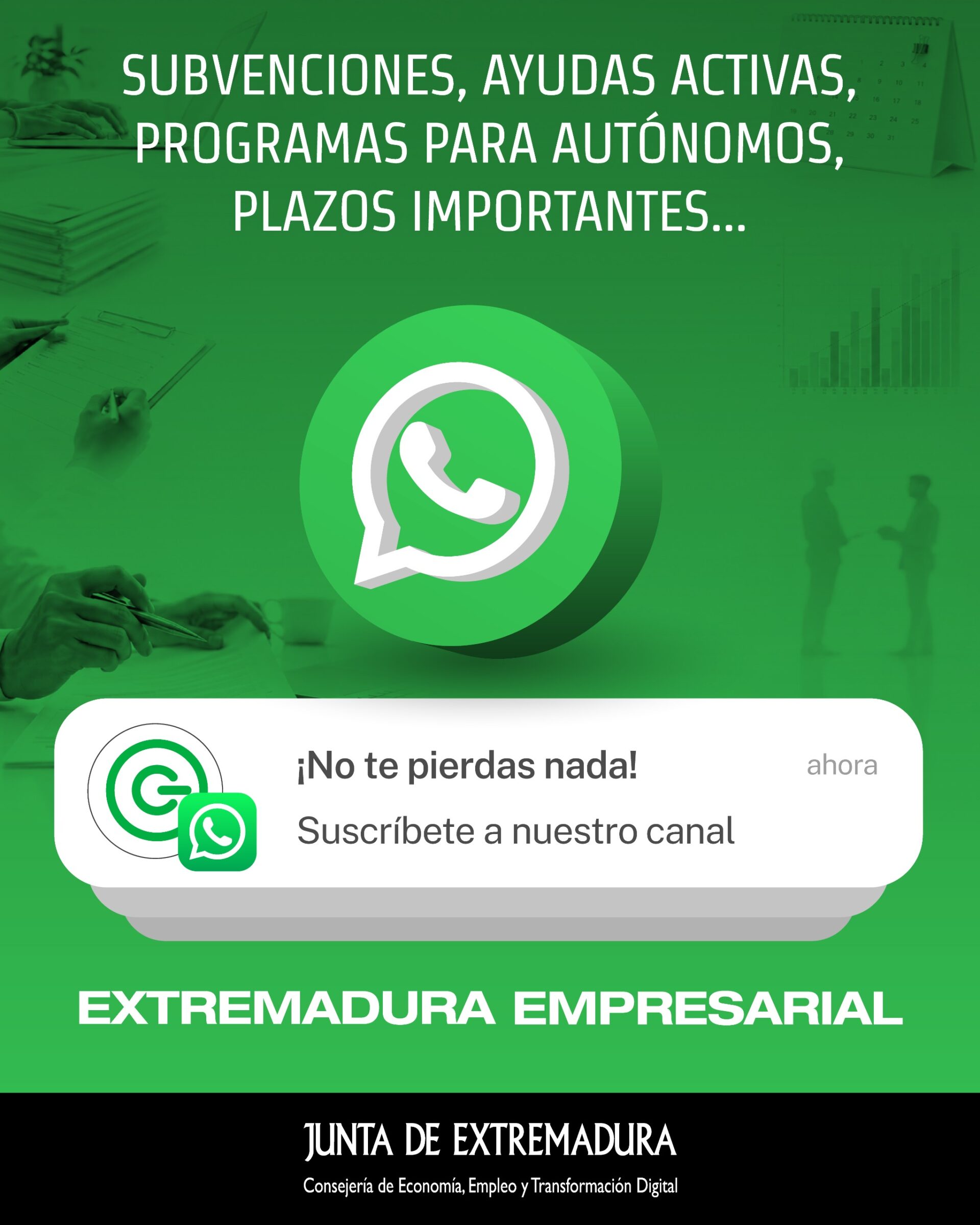 La Junta pone en marcha el canal de WhatsApp Extremadura Empresarial para informar a pymes y autónomos sobre ayudas e iniciativas de interés