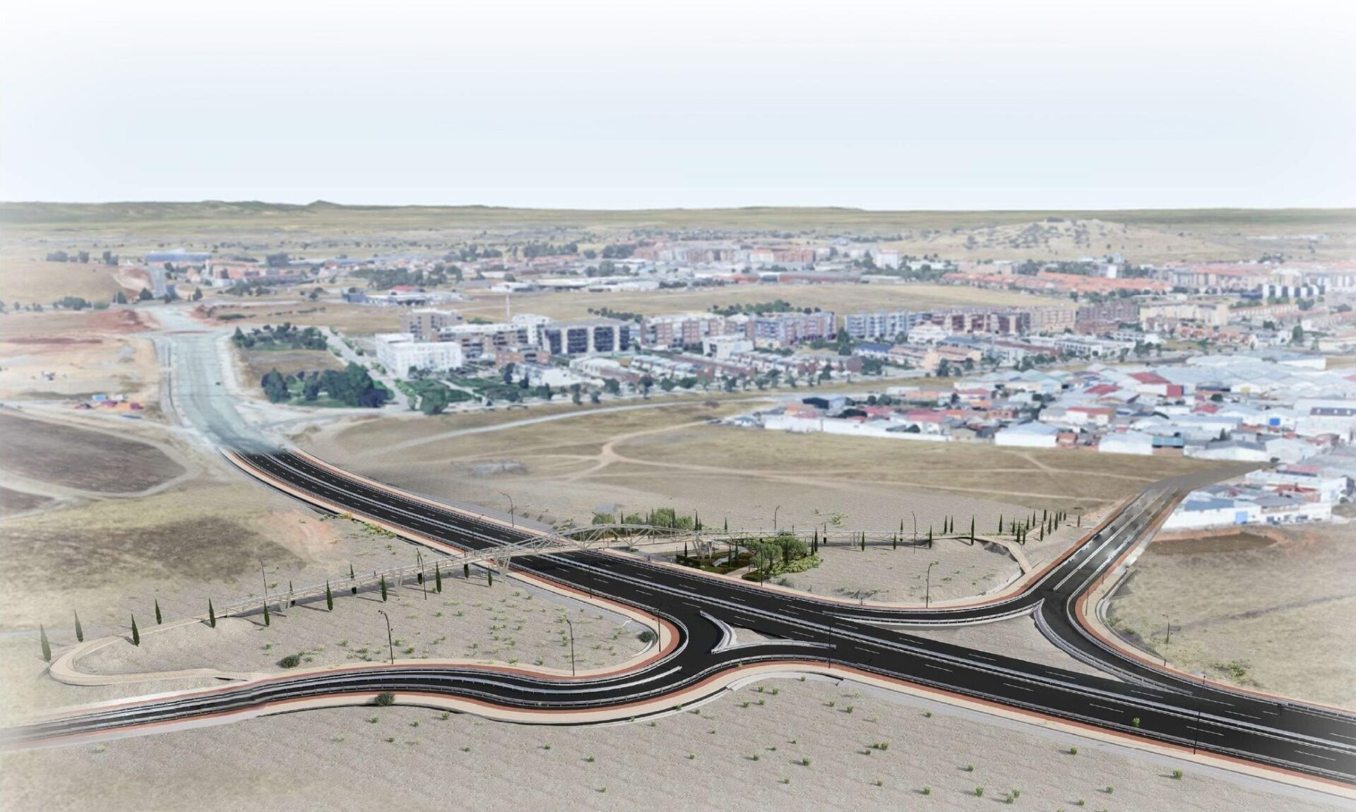 La pasarela peatonal que la Junta construye en la ronda sureste de Cáceres tendrá 165 metros y rampas adornadas con cipreses