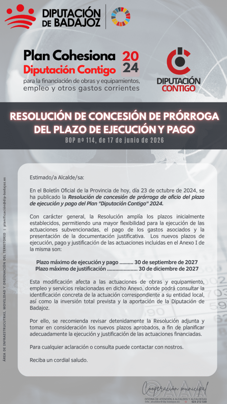 Ampliado el plazo de ejecución y pago del Plan Diputación Contigo 2024