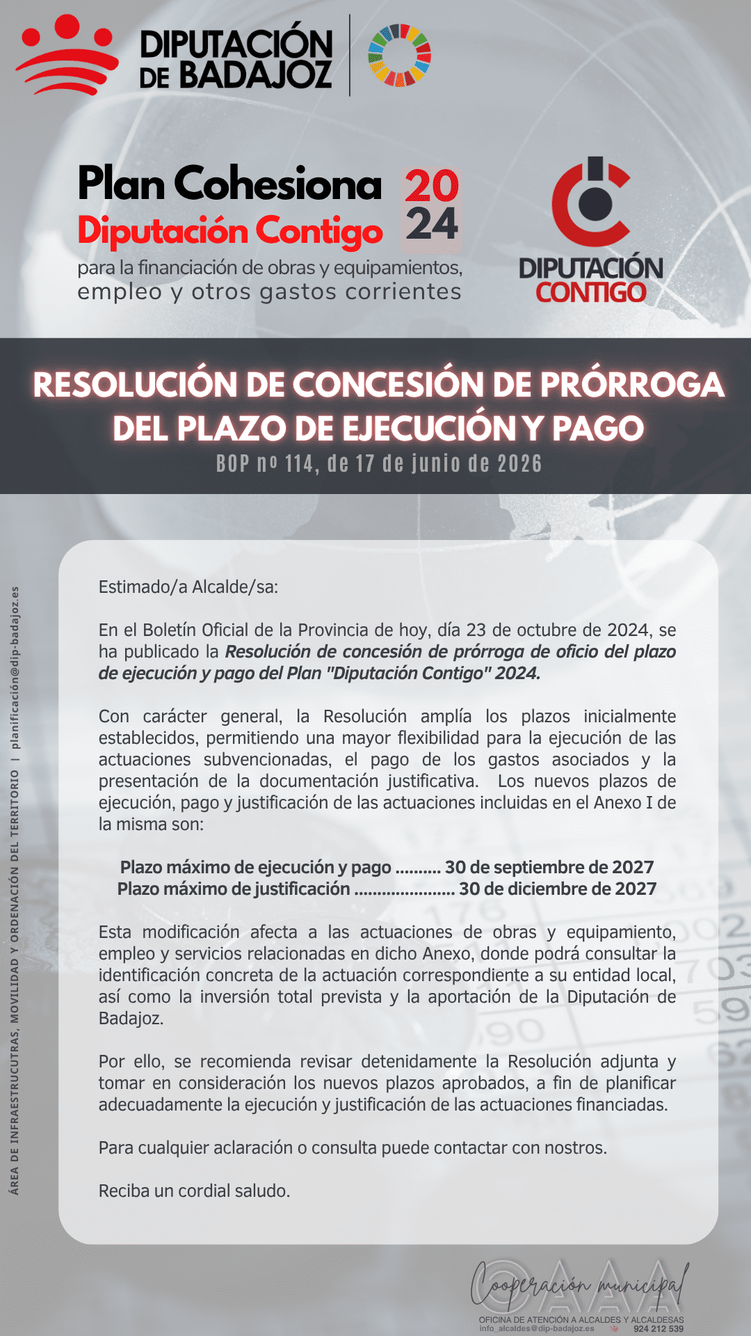 Ampliado el plazo de ejecución y pago del Plan Diputación Contigo 2024